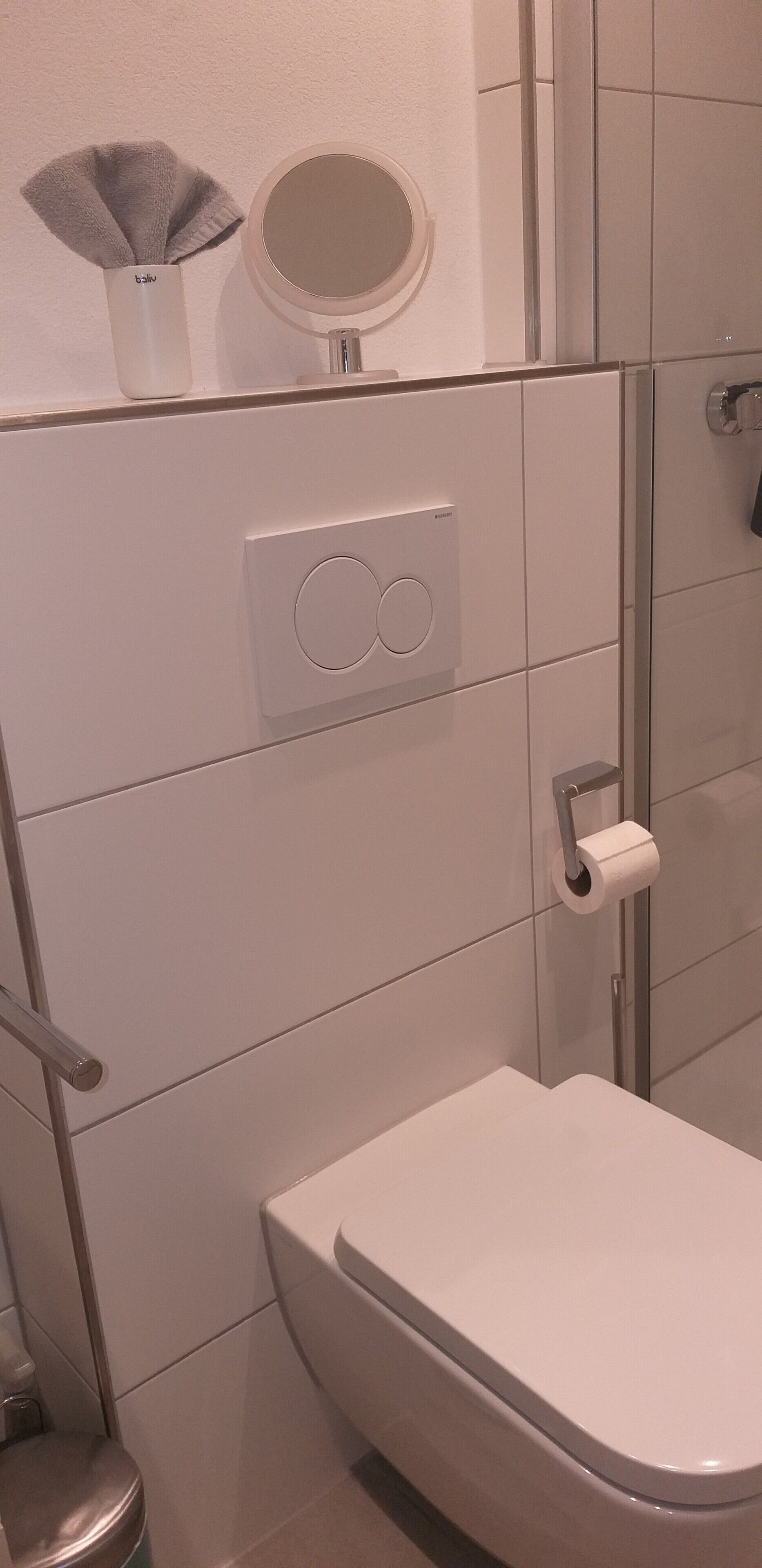 A bathroom with a toilet, a bidet, a towel dispenser, and a mirror.