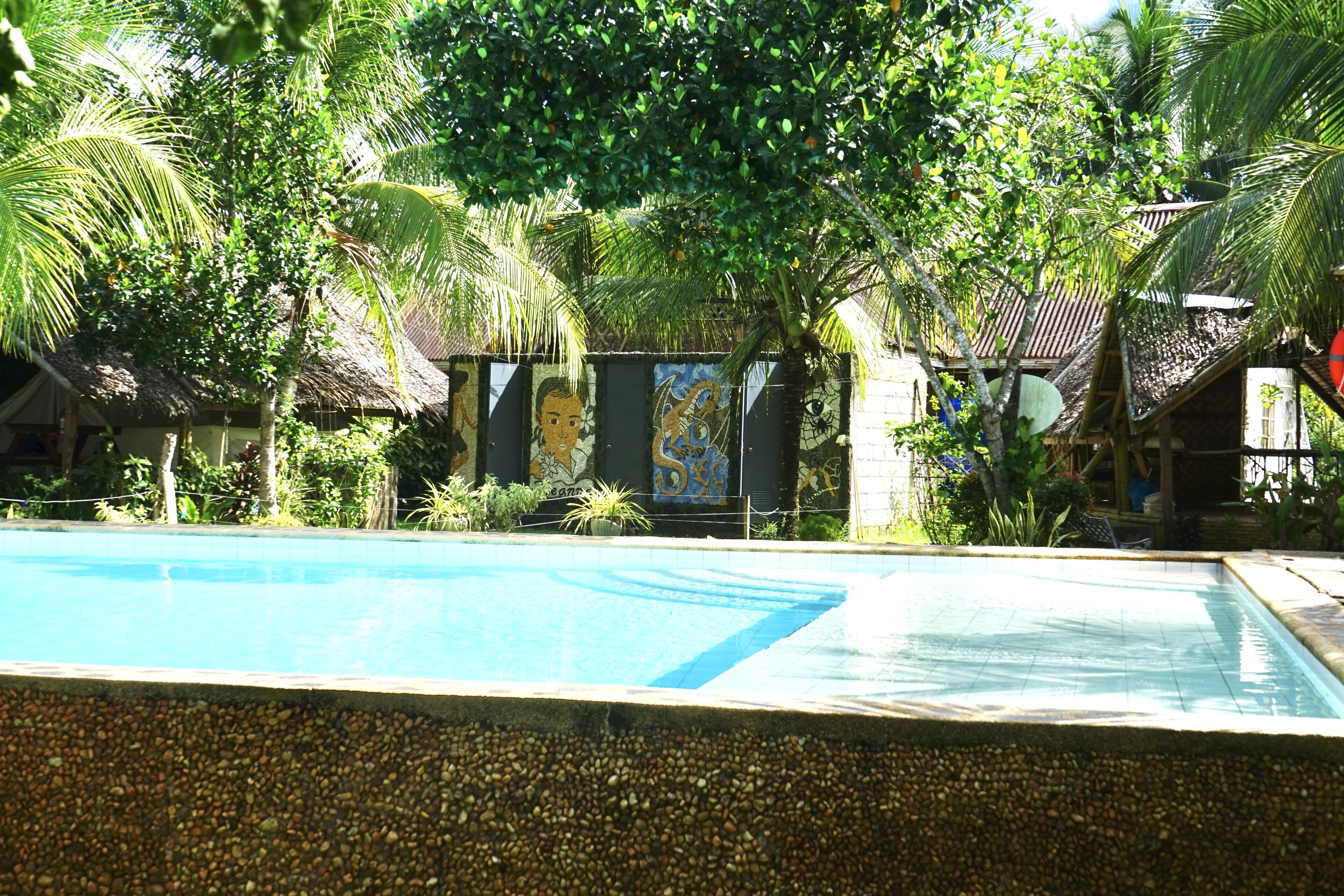 A swimming pool surrounded by lush greenery and a building with a mural.
