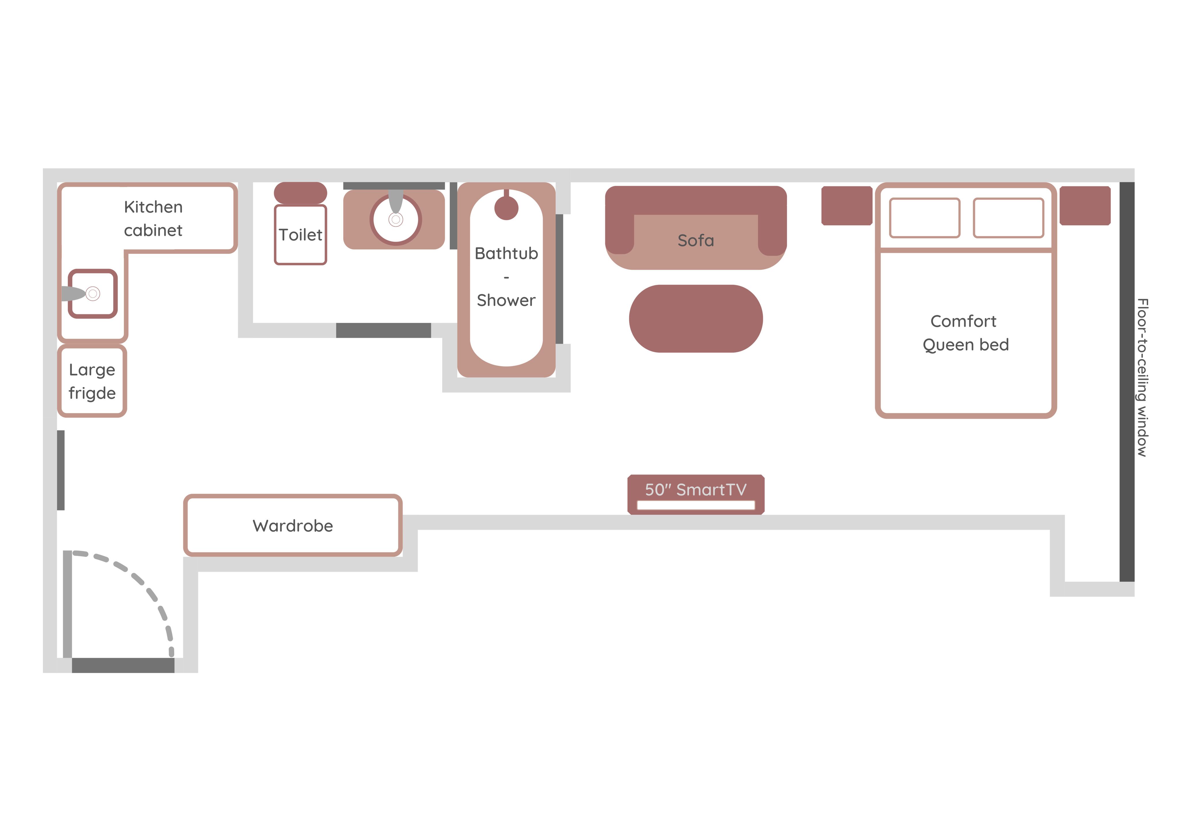 A floor plan with a kitchen cabinet, toilet, bathtub-shower, sofa, comfort queen bed, large fridge, wardrobe, and a 50" SmartTV.