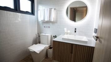 Shower, rainfall showerhead, hair dryer, bathrobes