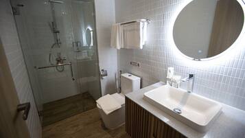 Shower, rainfall showerhead, hair dryer, bathrobes