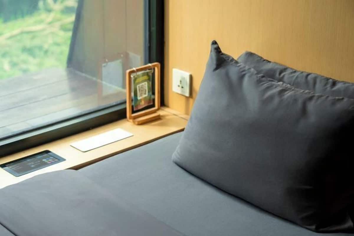 A bed with a grey pillow, a small wooden side table with a framed picture, and a window with a view of greenery.
