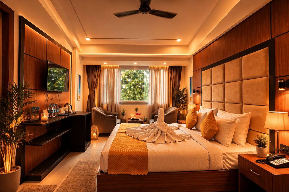 Habitación de hotel moderna con cama, mesitas de noche, escritorio, televisor y vistas a zonas verdes.