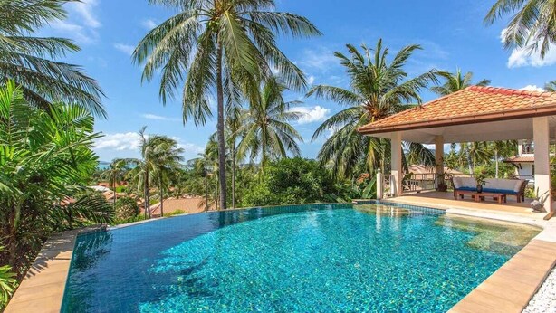 Una piscina infinita de color azul intenso rodeada de palmeras y un área de descanso cubierta.