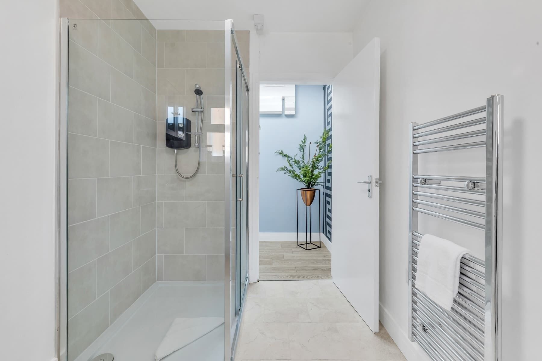 Shower, hair dryer, towels