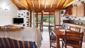 Ein Zimmer mit einem Bett, einem Fernseher, einem Esstisch mit Stühlen und einer Küchenzeile mit Holzausstattung.