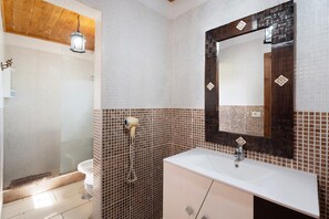 Een badkamer met douche, toilet, wastafel en een spiegel met decoratieve lijst.
