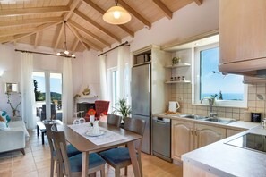 Fridge, stovetop, dishwasher, coffee/tea maker