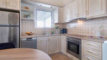 Fridge, stovetop, dishwasher, coffee/tea maker