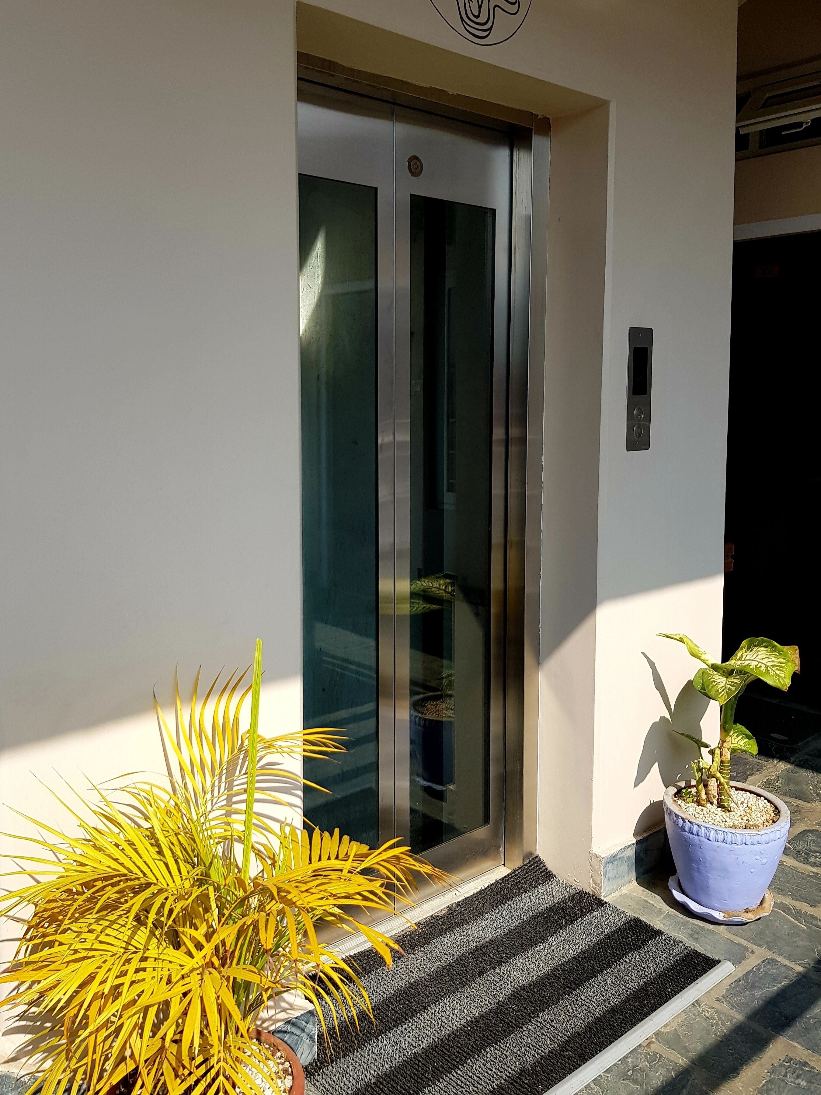 A modern building entrance with a glass door, a potted plant, and a striped mat.