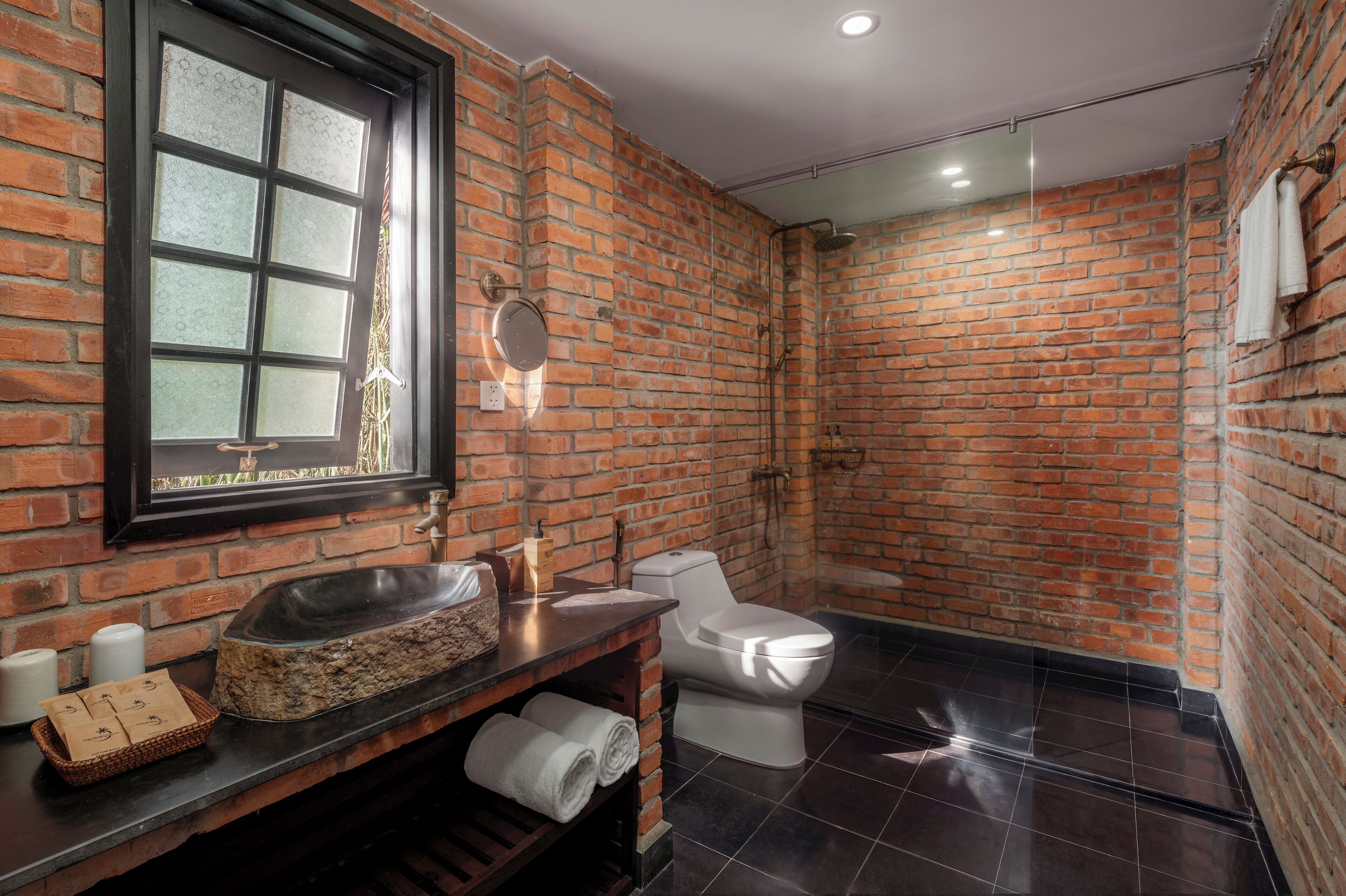 Separate tub and shower, rainfall showerhead, hair dryer, bathrobes
