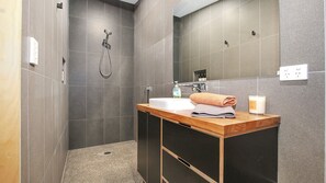 Shower, jetted tub, hair dryer