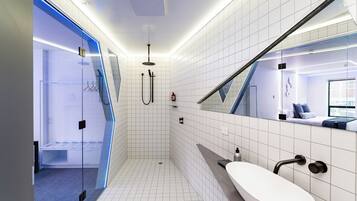 Shower, rainfall showerhead, hair dryer, towels