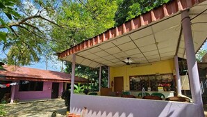 A covered outdoor area with a concrete floor, surrounded by potted plants and a building with a red roof. - Havelock Harmony Resort (Port Blair)