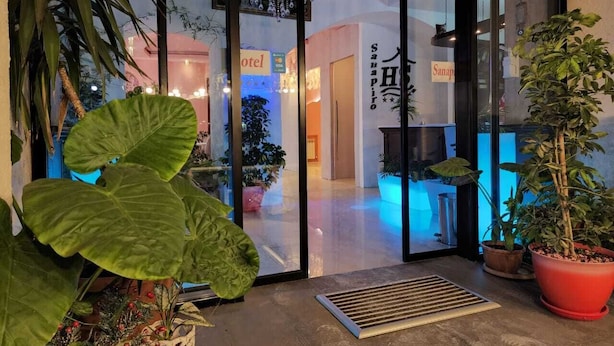 A hotel entrance with large glass doors, a chandelier, and potted plants. - SANAPIRO (Tbilisi)