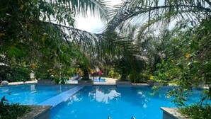 A swimming pool surrounded by lush greenery and palm trees. - Villa Royal Lotus Ha Long (Hạ Long)