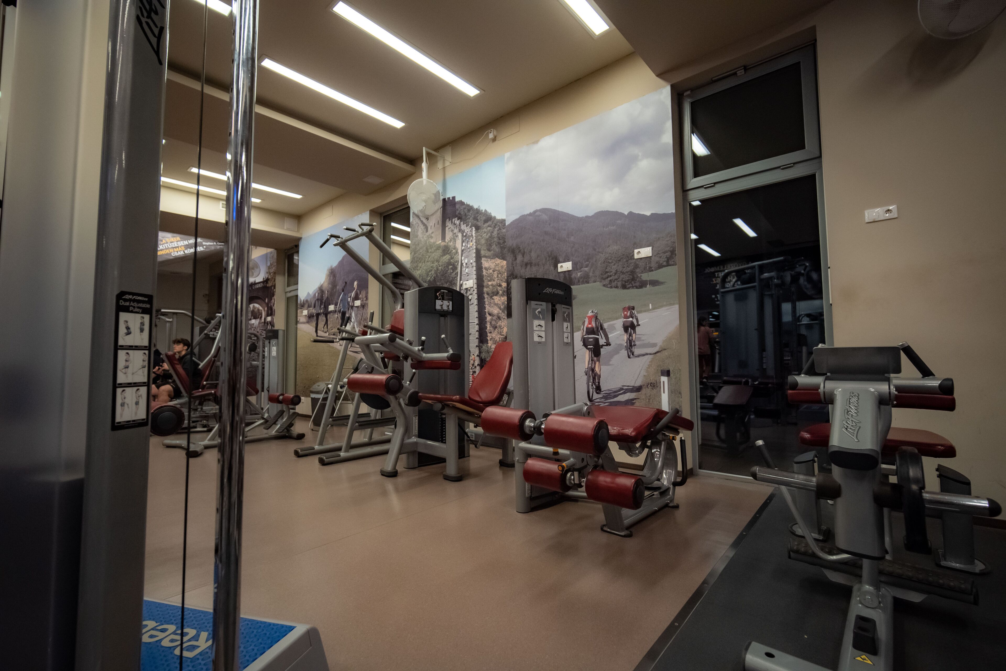 Un gimnasio con diversas máquinas de ejercicio, un mural en la pared y un ventanal grande.