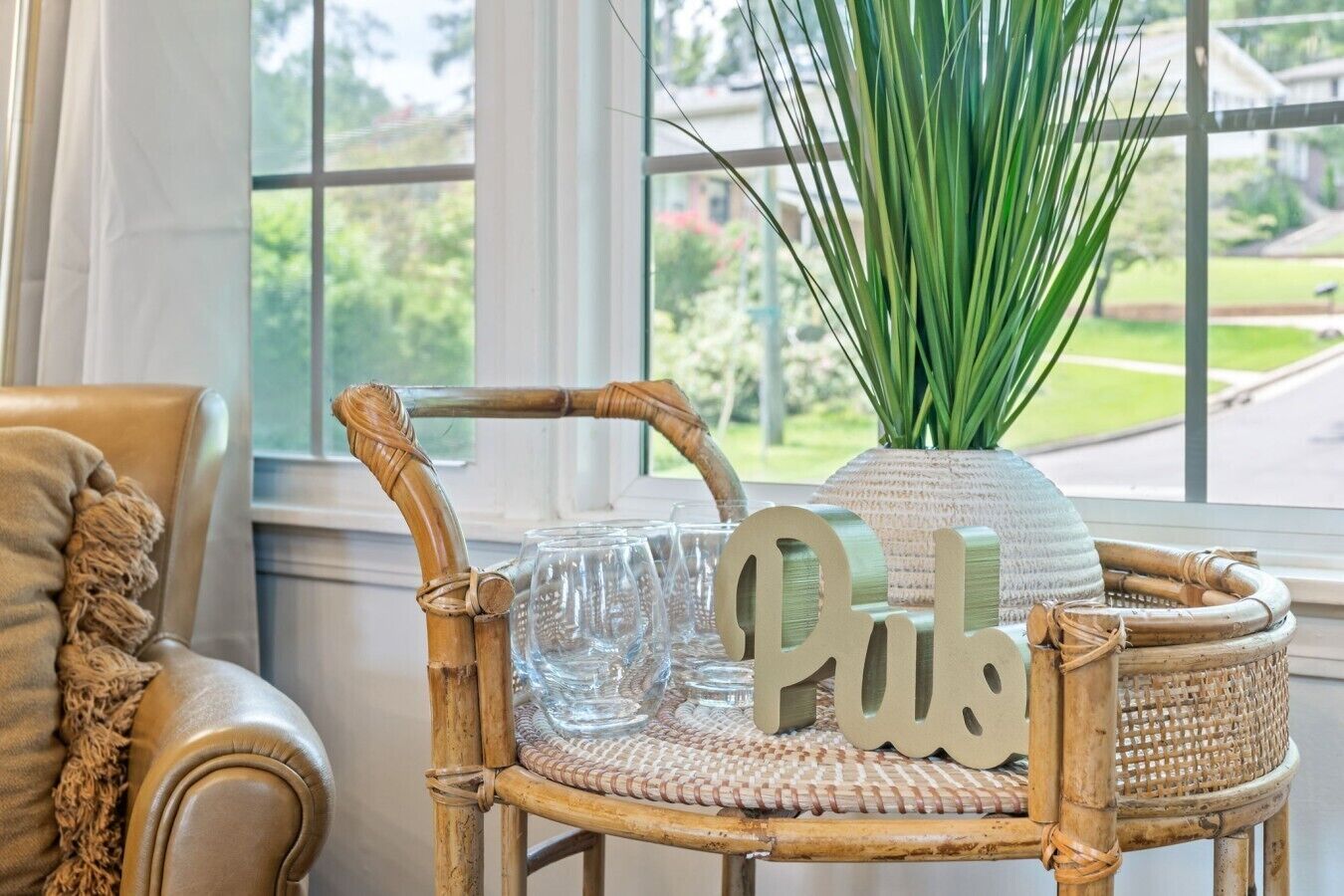 A wicker chair with a woven seat and backrest, a glass table with a 'Pub' sign, and a potted plant with long green leaves.