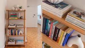 A bookshelf with books and decorative items. - Stylish Sun Drenched North Bondi Beach Oasis (North Bondi)