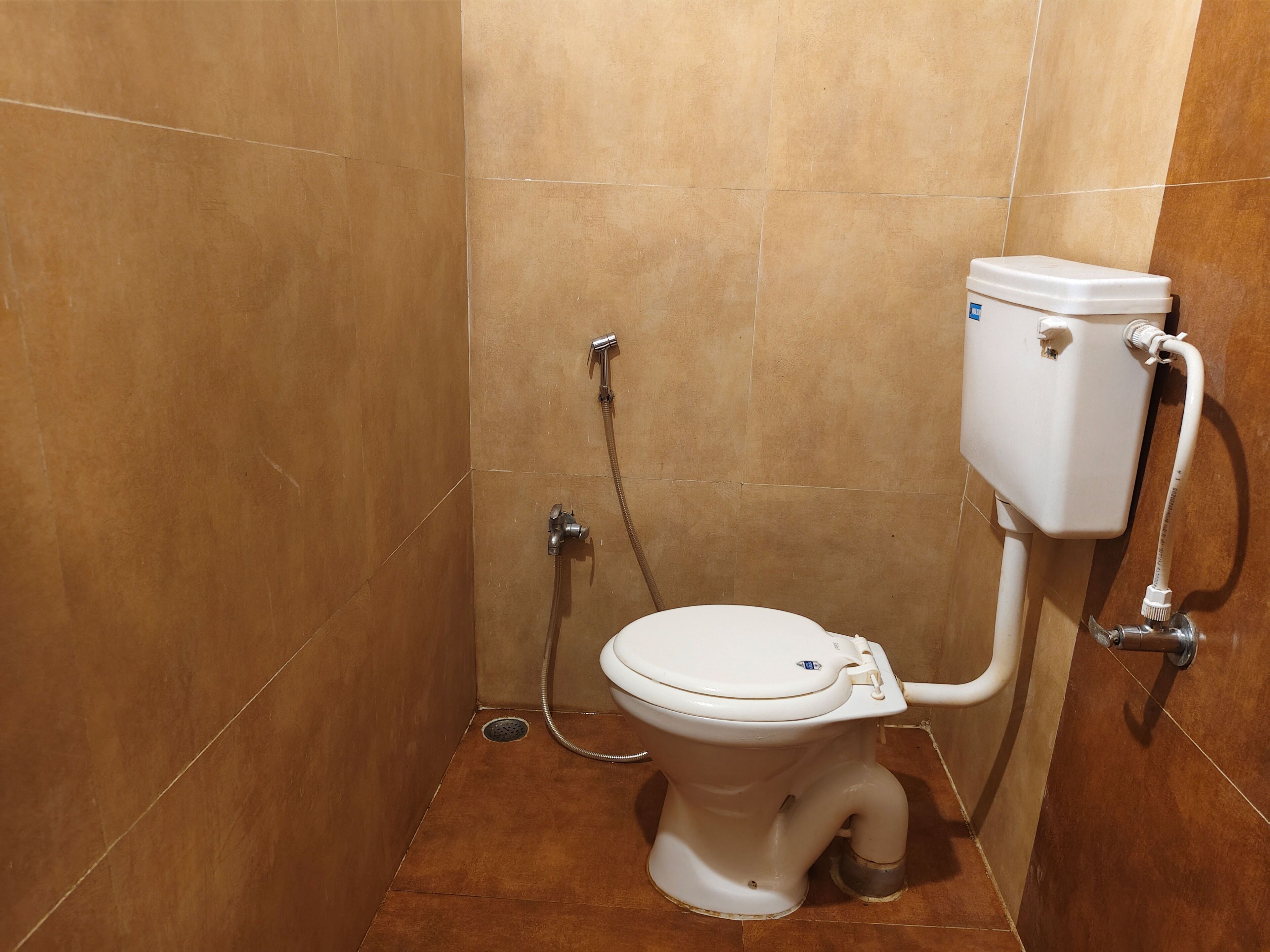 A small bathroom with a toilet, a shower, and a wall-mounted water tank.
