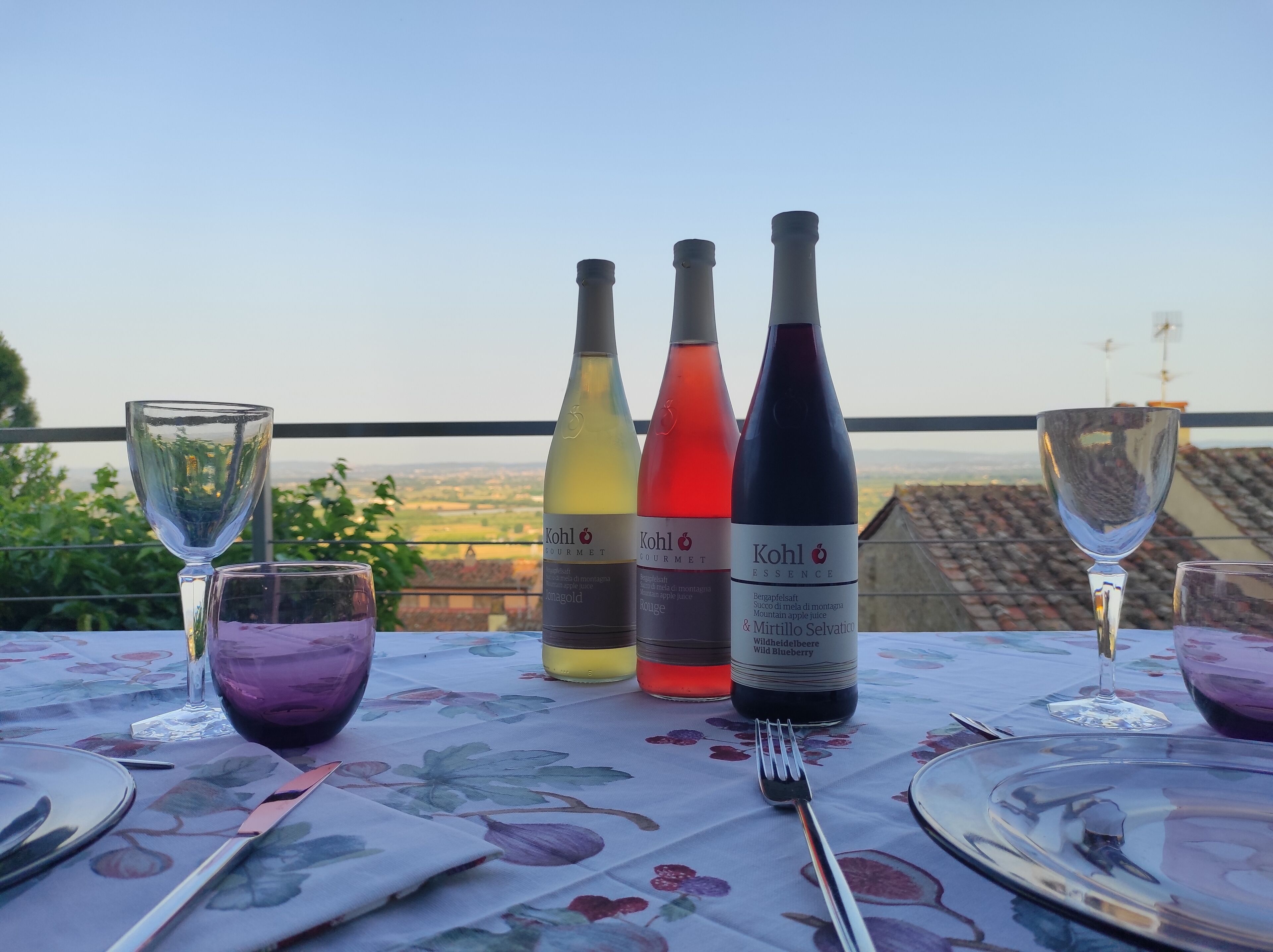 Mesa lista para cenar con botellas y copas de vino, con vistas a un paisaje pintoresco.