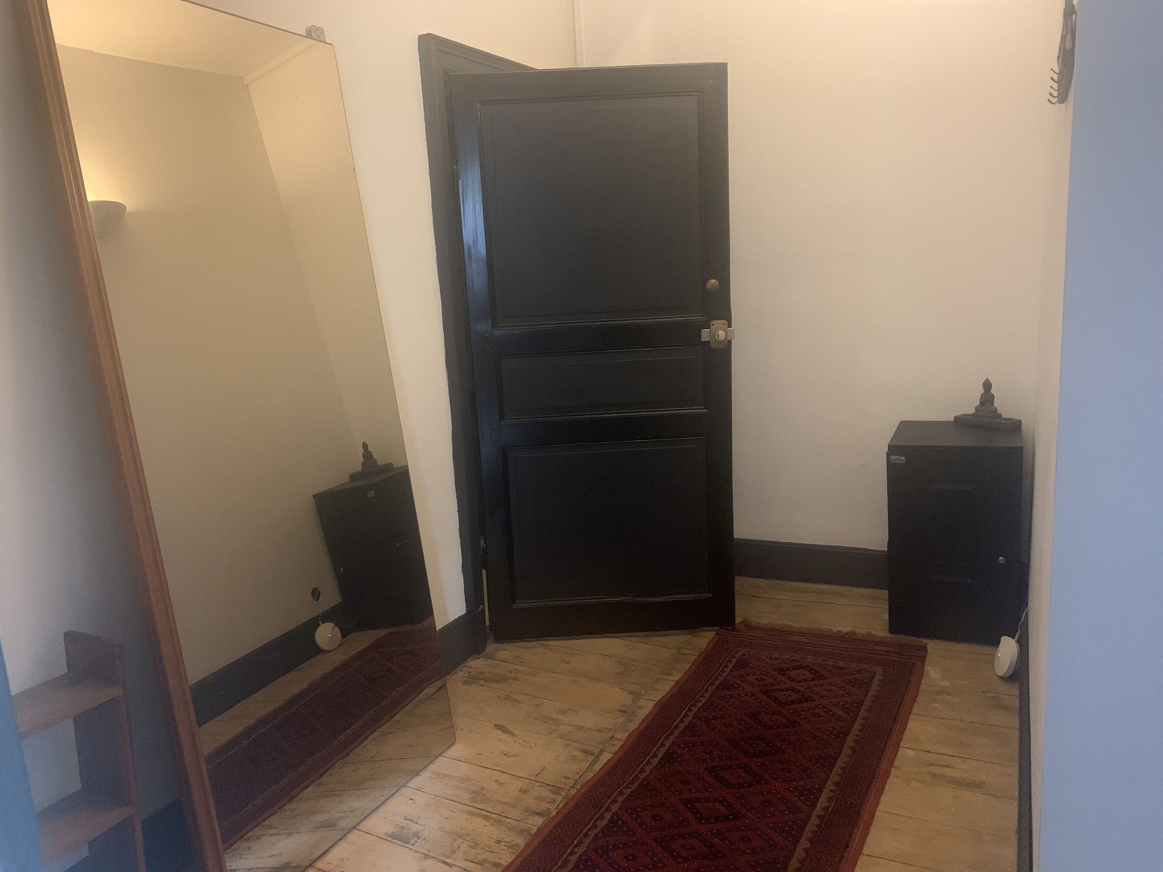 A room with a wooden floor, a dark door, a small black cabinet, and a red rug.