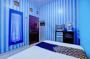 Una habitación con cama, televisión, ventilador y armario.
