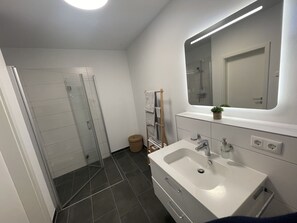 Shower, hair dryer, towels, soap