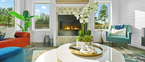 Smart TV, fireplace, table football, books