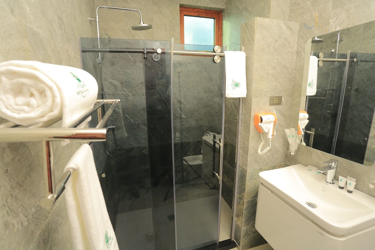 Une salle de bain moderne avec une douche à parois de verre, un lavabo blanc et un porte-serviettes où sont soigneusement pliées des serviettes.