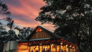 A wooden building with a thatched roof, surrounded by trees, and featuring outdoor seating.