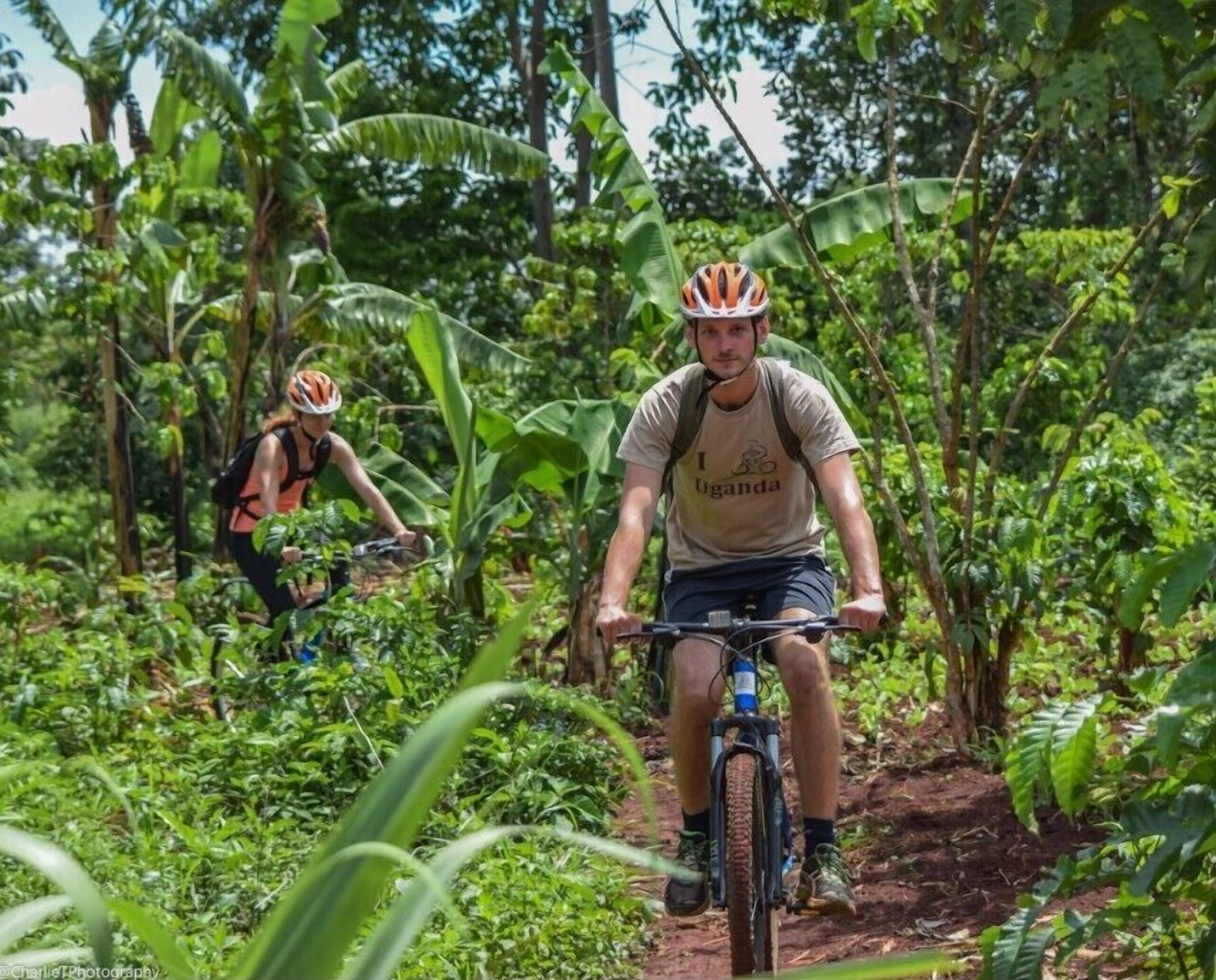 Deux cyclistes sur un chemin de terre, entourés d’une végétation tropicale dense.