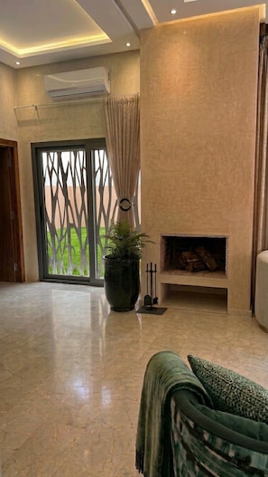 A modern living room with a fireplace, a large potted plant, and a view through a patterned door.