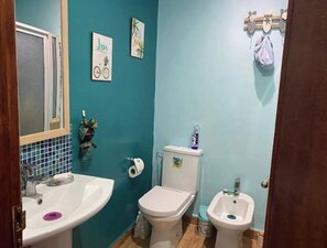 Bidet, towels, soap, toilet paper