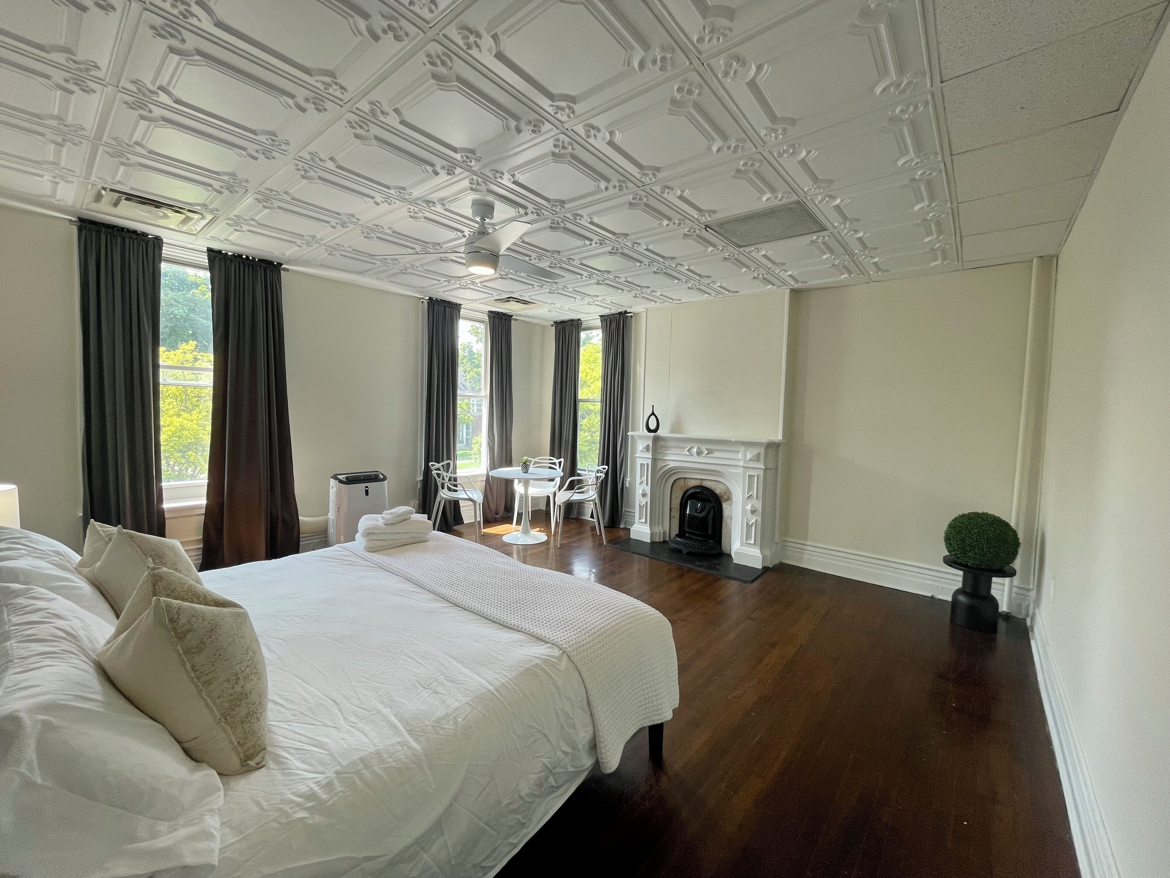Een ruime slaapkamer met een groot bed, een open haard en uitzicht op groen.