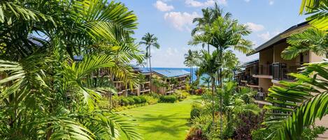 A resort with a well-maintained lawn, palm trees, and a view of the ocean.