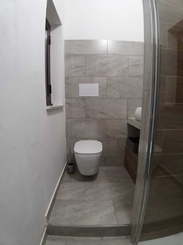 Un baño pequeño y moderno con inodoro, bidé y zona de ducha.