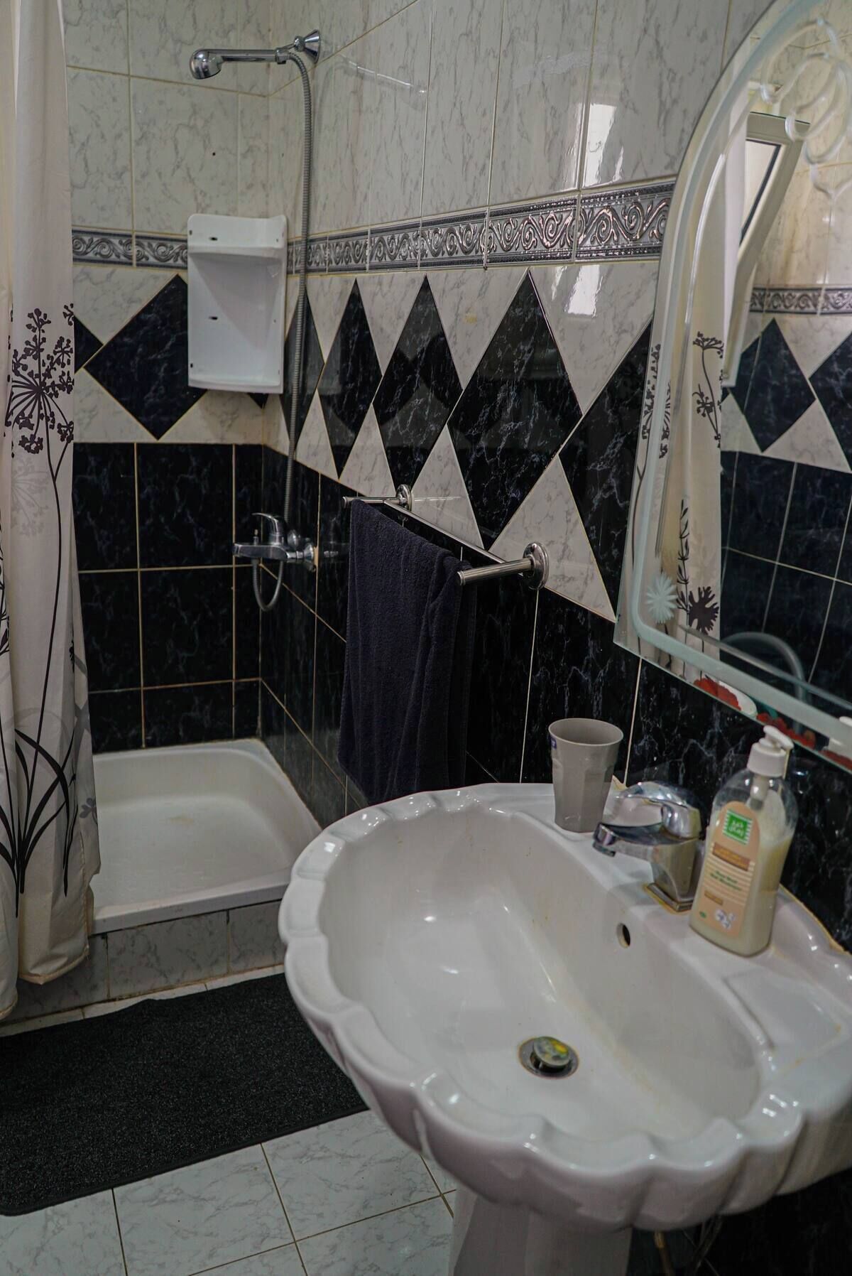 Dusch, hårtork, handdukar och tvål