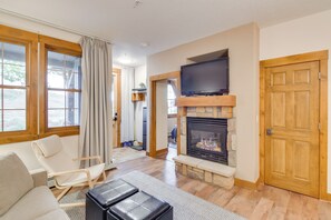 TV, fireplace, books