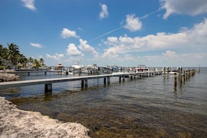 A pier extending into calm waters with boats docked, palm trees, and a clear sky. - Gorgeous Moon Bay Condo Heated Pool Beach (Key Largo)