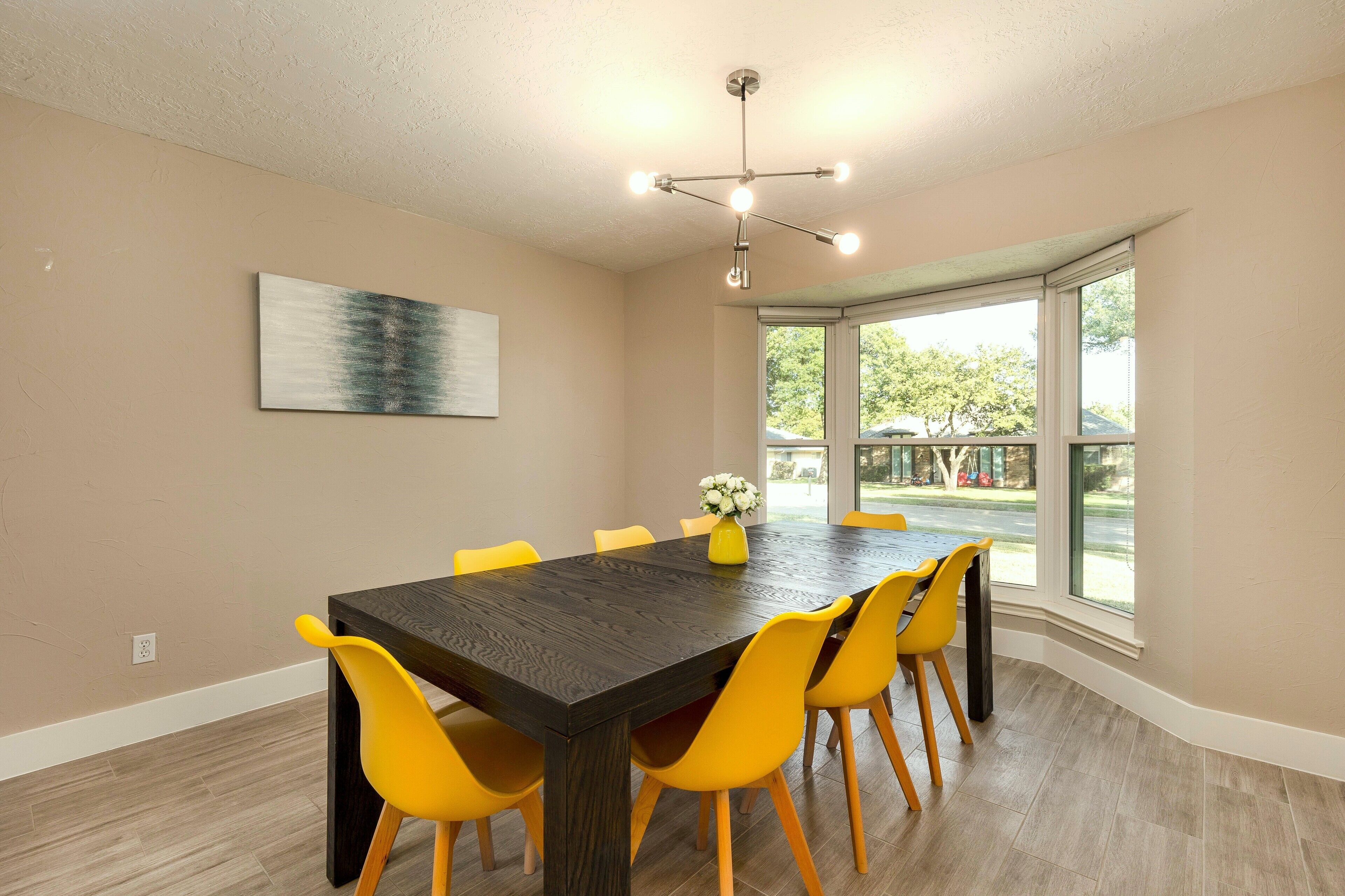 The dining area is warm and comfortable.