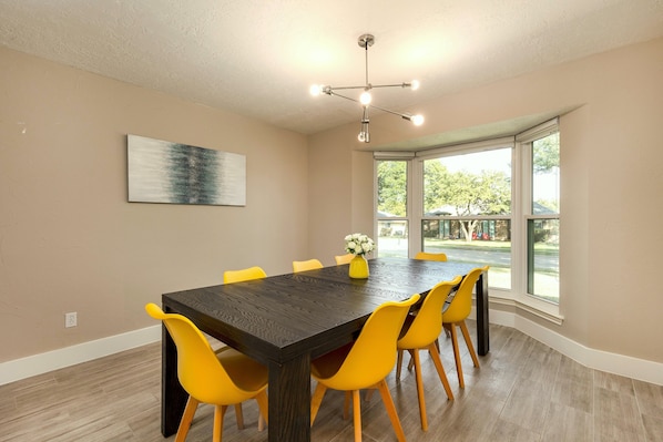 The dining area is warm and comfortable.