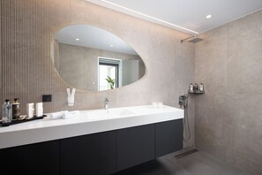 Shower, hair dryer, towels