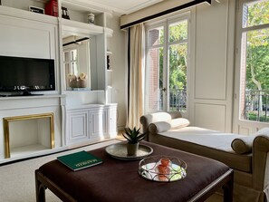 Smart TV, chimenea y libros 