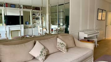 Smart TV, fireplace, books