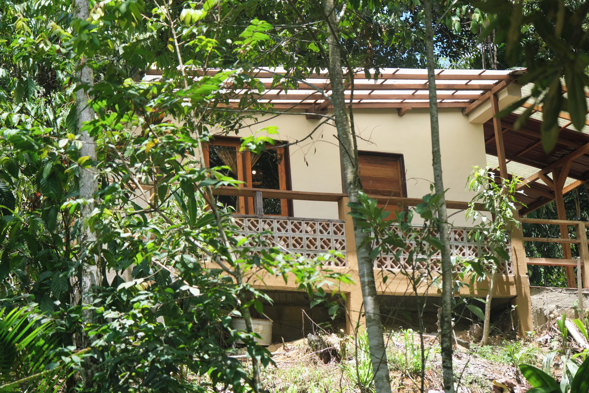 Une construction rustique en bois, dotée d’un balcon et entourée d’un feuillage dense.