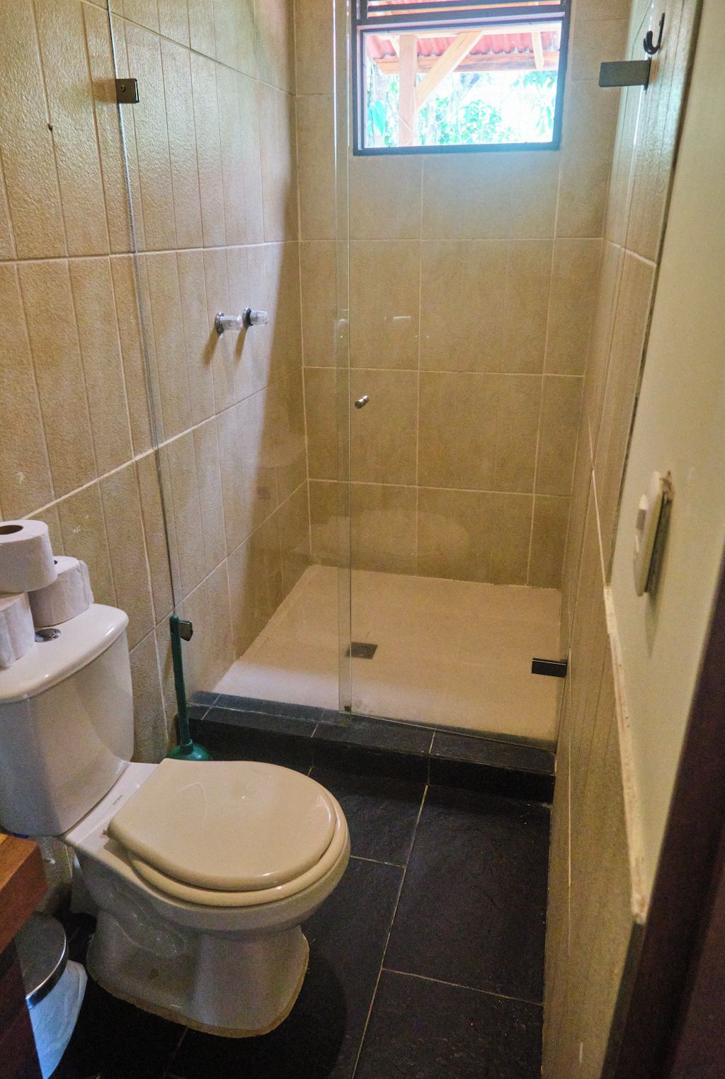 A bathroom with a toilet, a shower stall, and a small window.