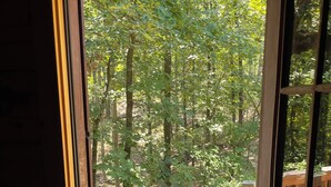 A wooden deck with a railing, leading to a forested area. - Cozy mountain cabin 15 minutes from historic downtown, 3 miles from ORV PARK  (Hot Springs National Park)