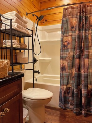 Hair dryer, towels, toilet paper