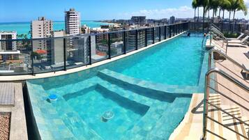 Indoor pool, pool umbrellas, pool loungers